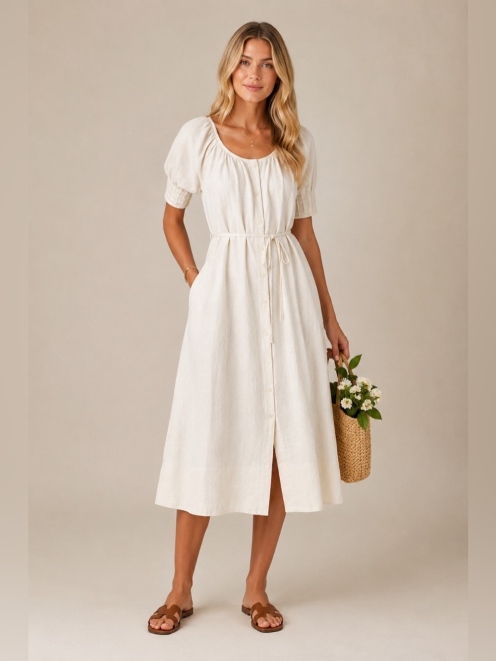 NWT J Crew Button up midi dress linen natural cream Shea Mcgee casual ivory XS S